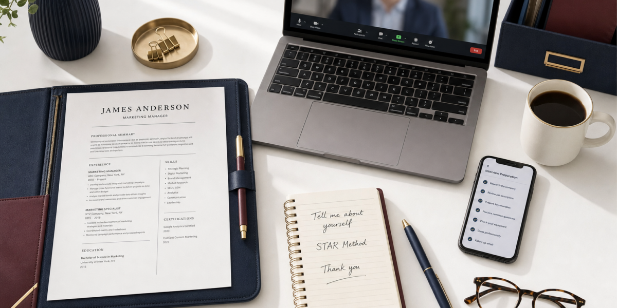 Mesa de preparação para entrevista de emprego em inglês com currículo em portfolio, laptop com videocall, notepad com anotações Tell me about yourself e STAR Method, smartphone com checklist — entrevista de emprego em inglês