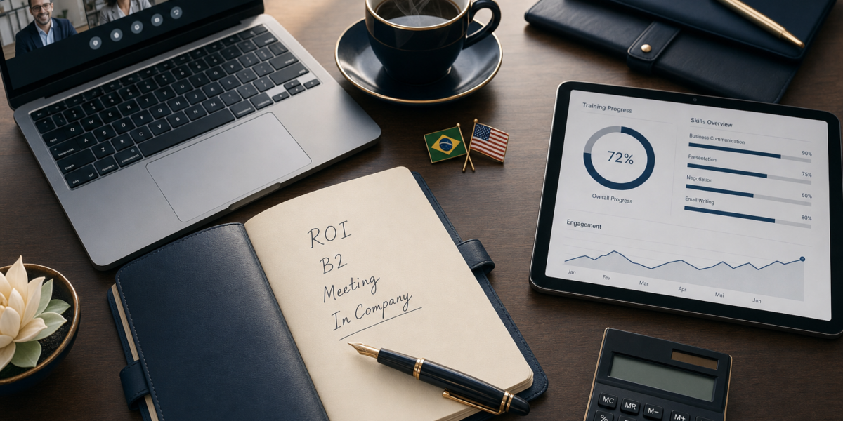 Mesa de reunião corporativa com laptop em videocall, caderno com anotações em inglês (ROI, B2, Meeting, In Company), tablet com dashboard de progresso 72%, calculadora e bandeiras Brasil-EUA — inglês para empresas