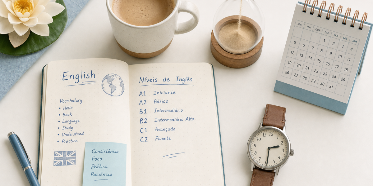 Caderno aberto com níveis de inglês CEFR (A1 a C2) ao lado de ampulheta, relógio e calendário sobre mesa clara — quanto tempo leva para aprender inglês