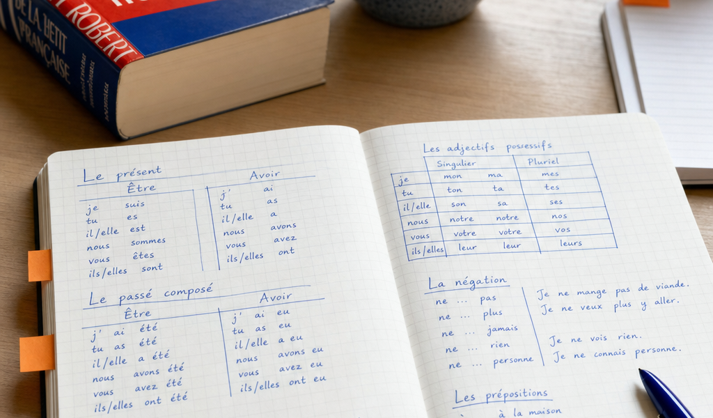 Caderno de estudos de francês aberto com anotações de gramática ao lado de dicionário e café, fotografia editorial