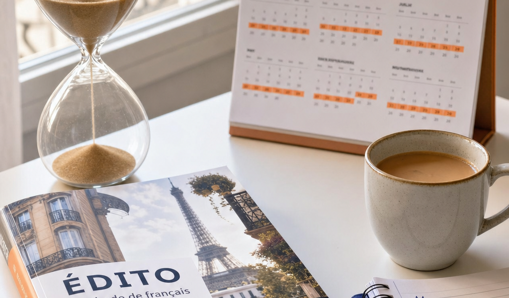 Ampulheta e calendário ao lado de livro de francês sobre mesa de escritório, fotografia editorial